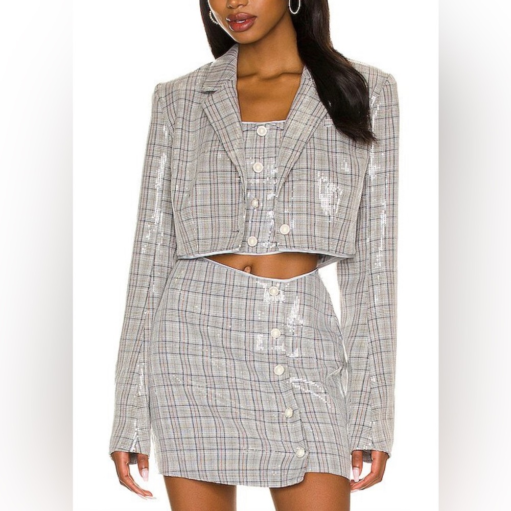 Blazer, Skirt, and Top Set in Grey Plaid